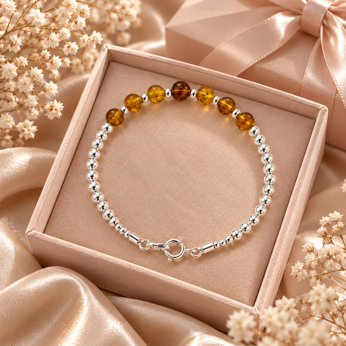 Golden Amber Bracelet | 925 Sterling Silver-7”